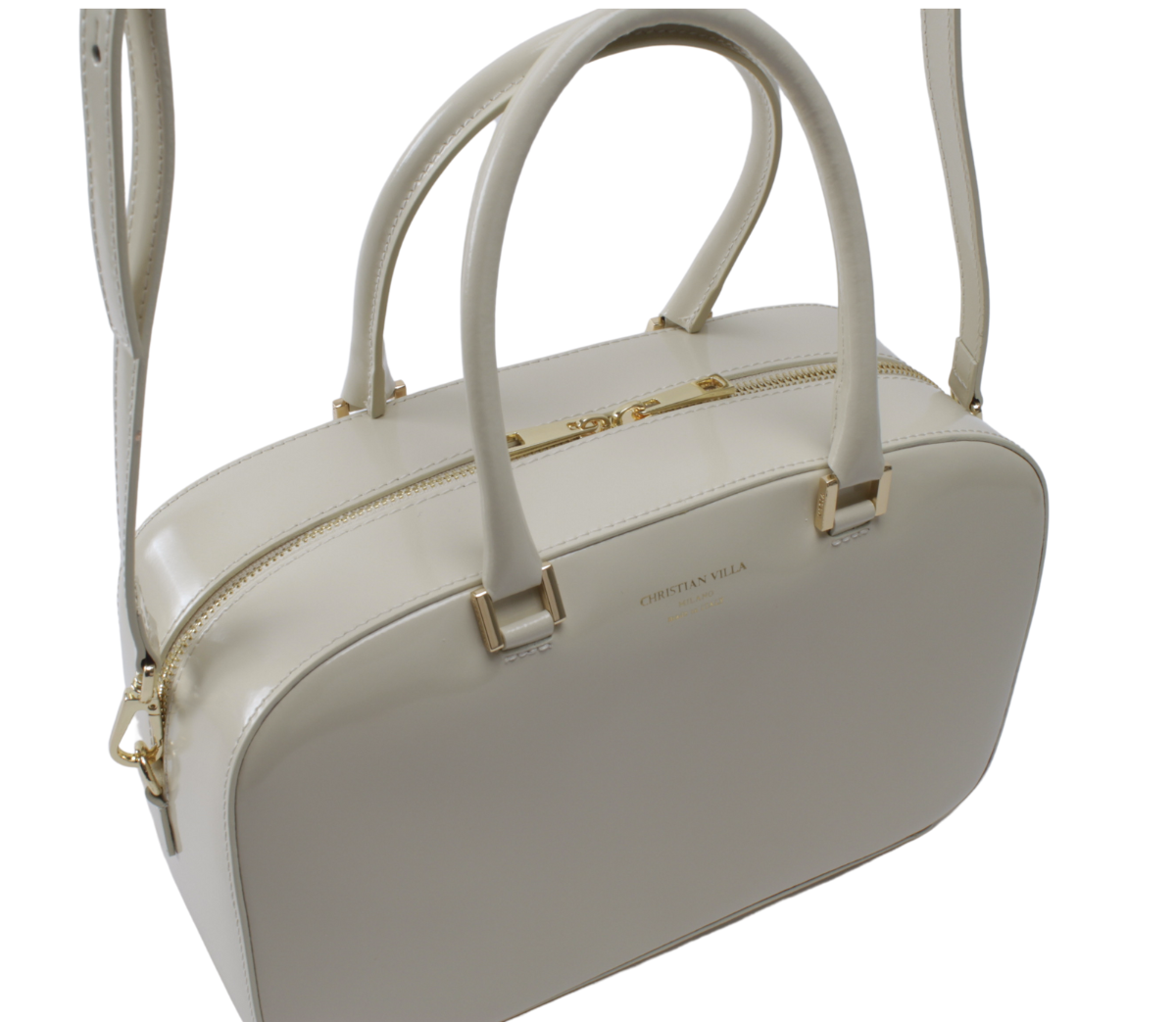 Janet Large Beige – An elegant bowler bag in mirror-finish leather