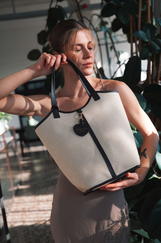 Sara Large Natural Canvas & Brown Leather - Reversible Tote bag