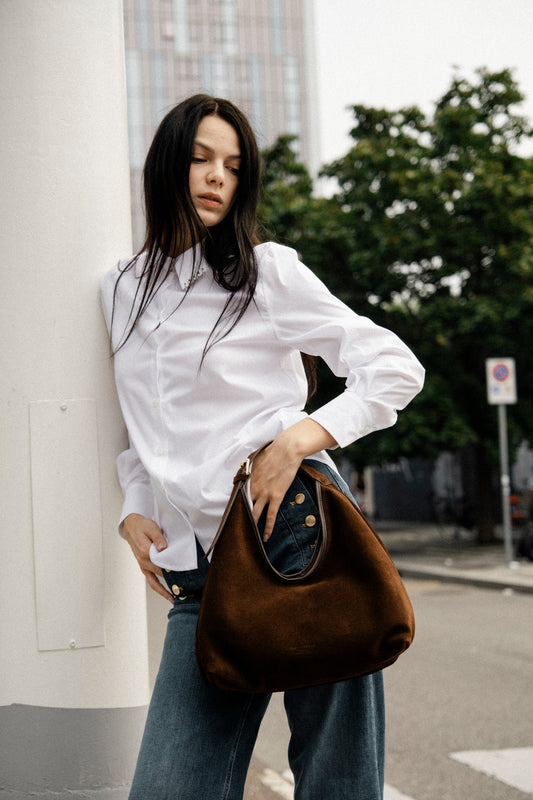 Alma Medium Chocolate Suede Leather – Lightweight Elegant Shoulder Bag