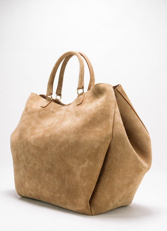[Nuova] Athena Large Beige – Borsa in suede dal design geometrico e contemporaneo