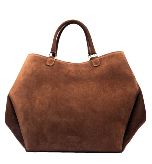 【新商品】アテナ ラージ チョコレート – 幾何学模様のスエードバッグ