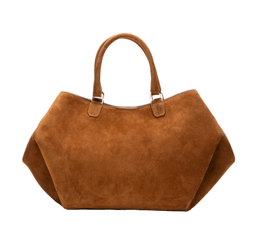 【新作】アテナ ミディアム コニャック – 洗練されたエレガンスを纏う幾何学模様のスエードバッグ