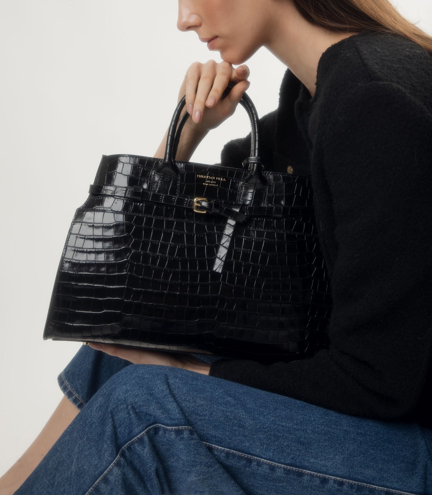 Gwen Large Black – Evening elegance in croc-embossed leather