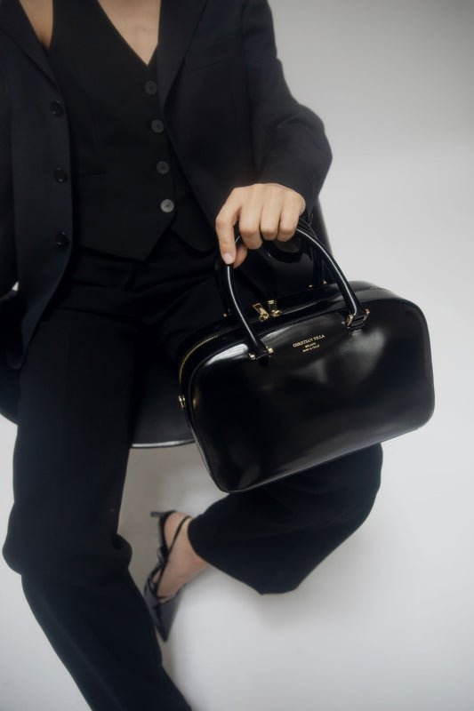 Janet Large Black Bowler Bag in Vitello Specchio Leather