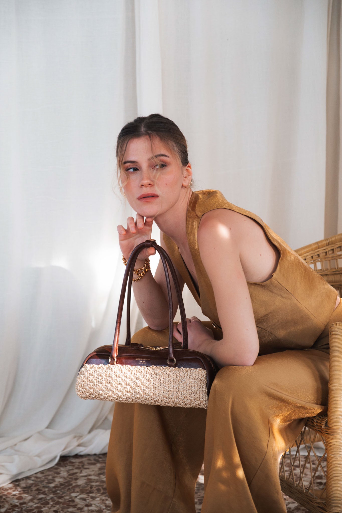 [New] Stacy Medium Natural Brown – Straw macramé bag with rounded shape