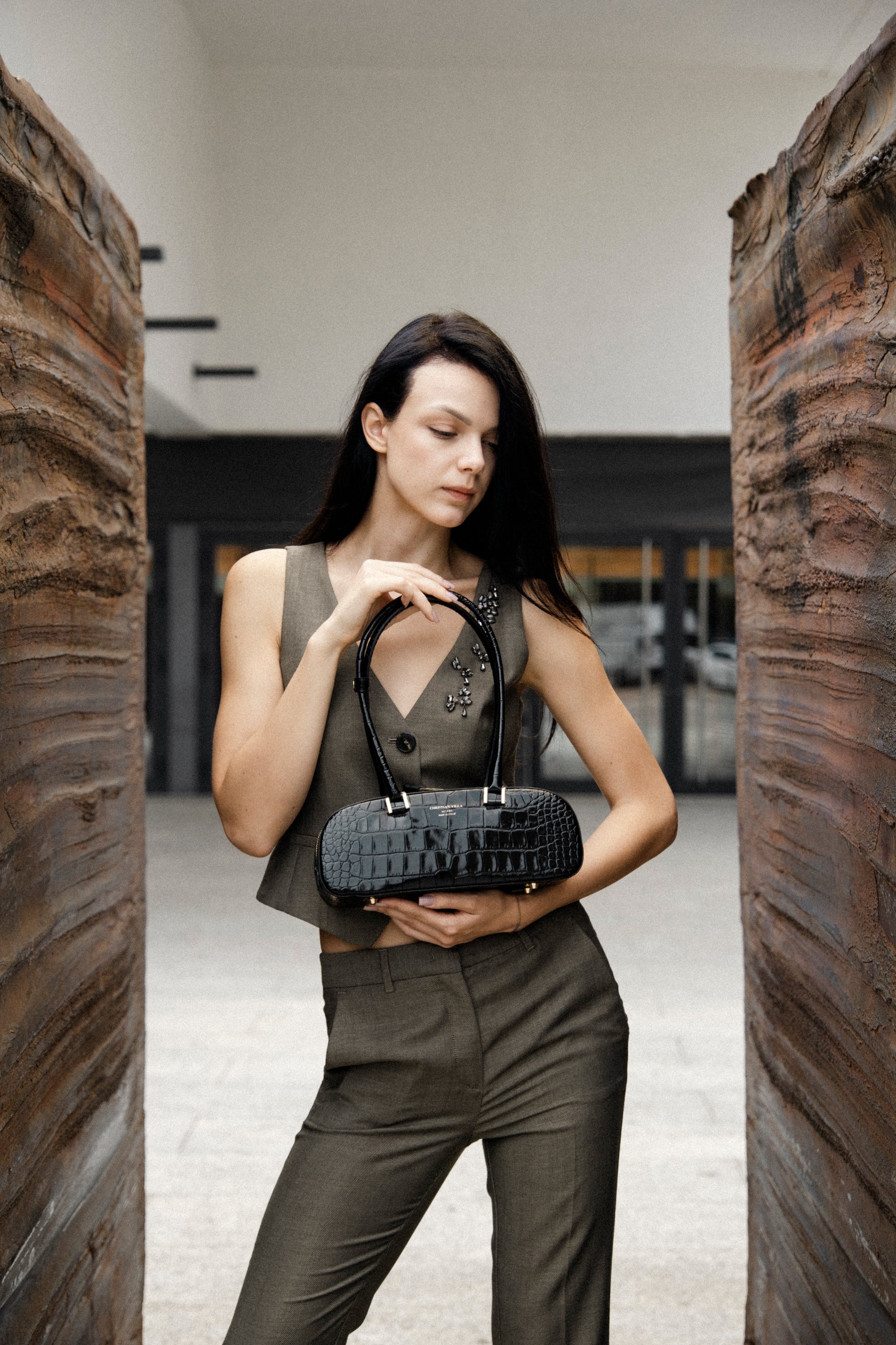 Anais Medium Black Croc-Effect Leather Shoulder Bag | Handmade in